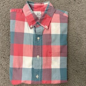 Men’s J.Crew oxford short-sleeve button-down shirt coral blue white plaid Small